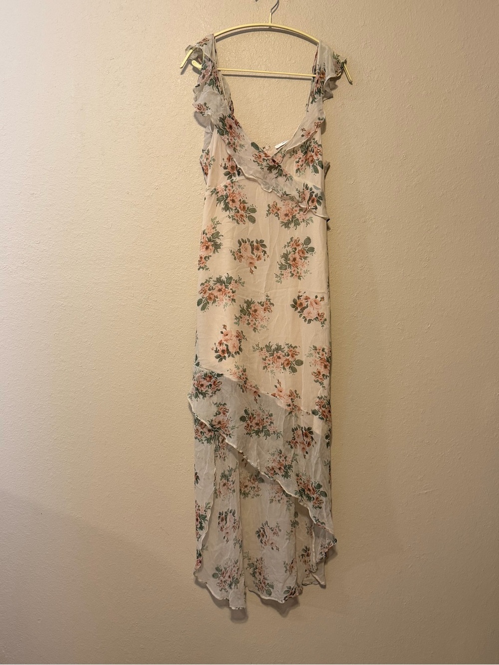 Lavender Brown Silk Floral‎ Ruffle Romantic Slip Dress Size Medium